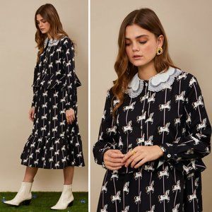 NWT Sister Jane Carousel Midi Dress Long Sleeve Peter Pan Collar Horse Print - S